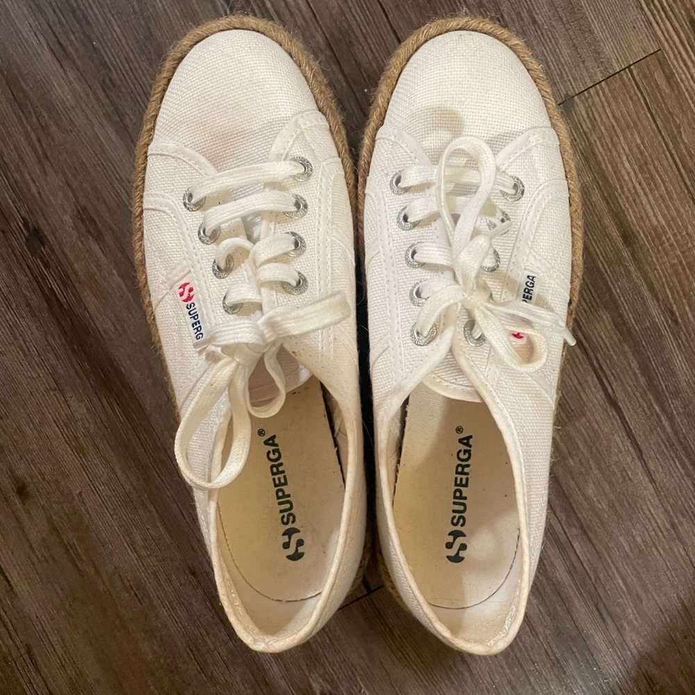 Superga White Canvas Lace-Up Espadrille Platform Sneakers - Size 7.5